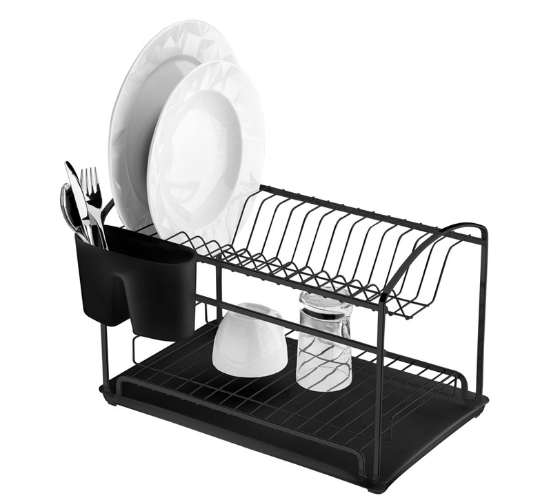 Escorredor de Louças 2 Andares com Bandeja - Preto Fosco/Preto